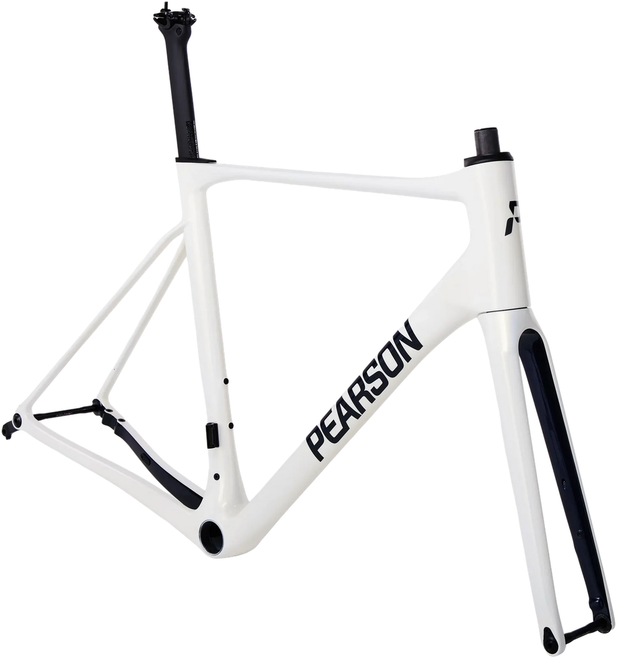 Pearson Forge frameset in Cotton Pearl, three-quarter view, cropped for the annotated detail section