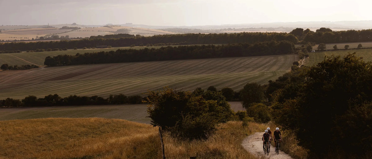 A chalk gravel trail winding across open downland with riders in the distance